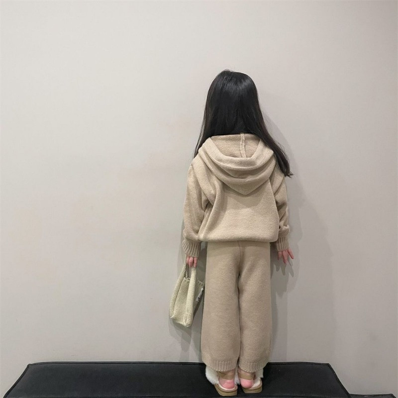 Korea lastekomplektid, sügistalvised tüdrukute vabaaja kampsunite komplekt, kapuutsiga kootud mantel ja püksid, kaheosaline riiete komplekt