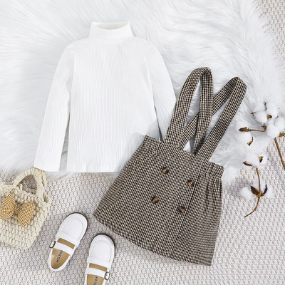 Prowow 3-7Y Vintage Kids Ruhák Lánygarnitúrák Magas nyakú pólók és Gombos függőruha 2db Retró tipegő lány ruhák öltöny