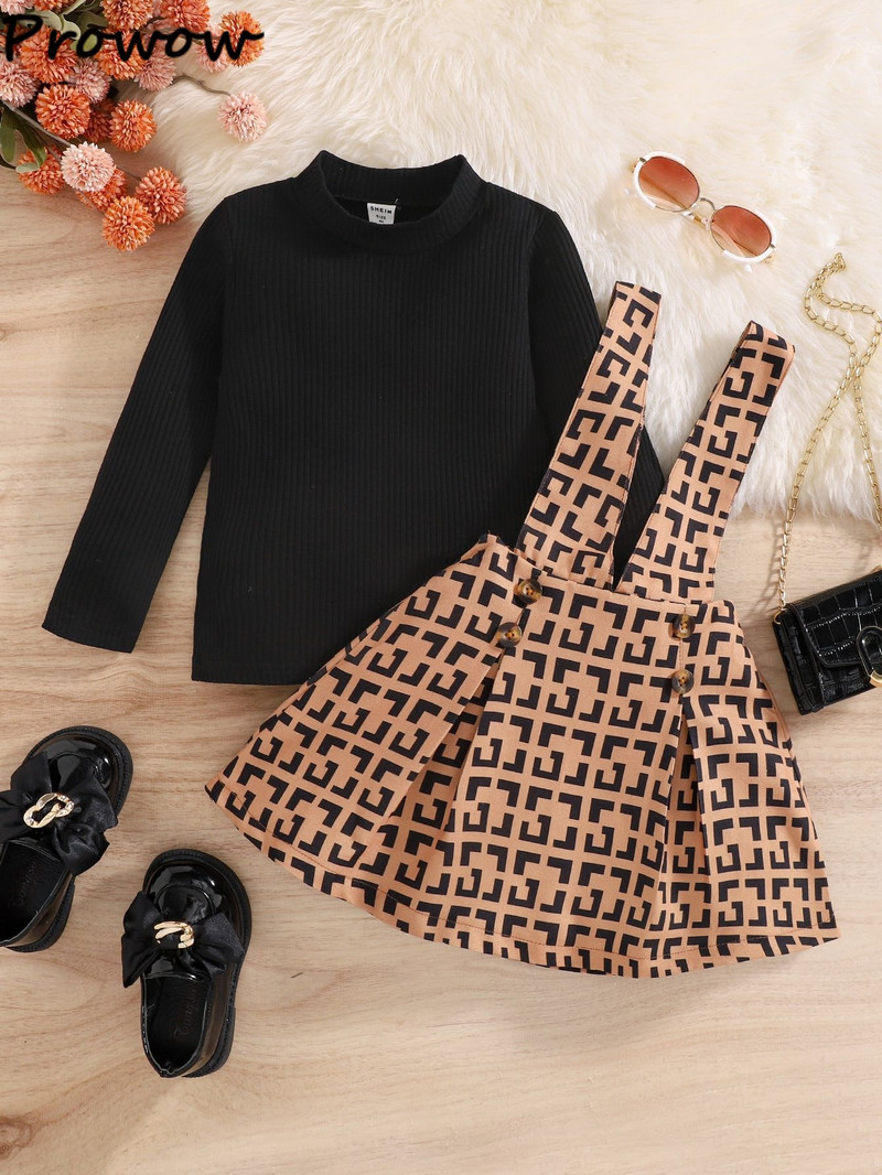 Prowow 3-7Y Vintage Kids Ruhák Lánygarnitúrák Magas nyakú pólók és Gombos függőruha 2db Retró tipegő lány ruhák öltöny