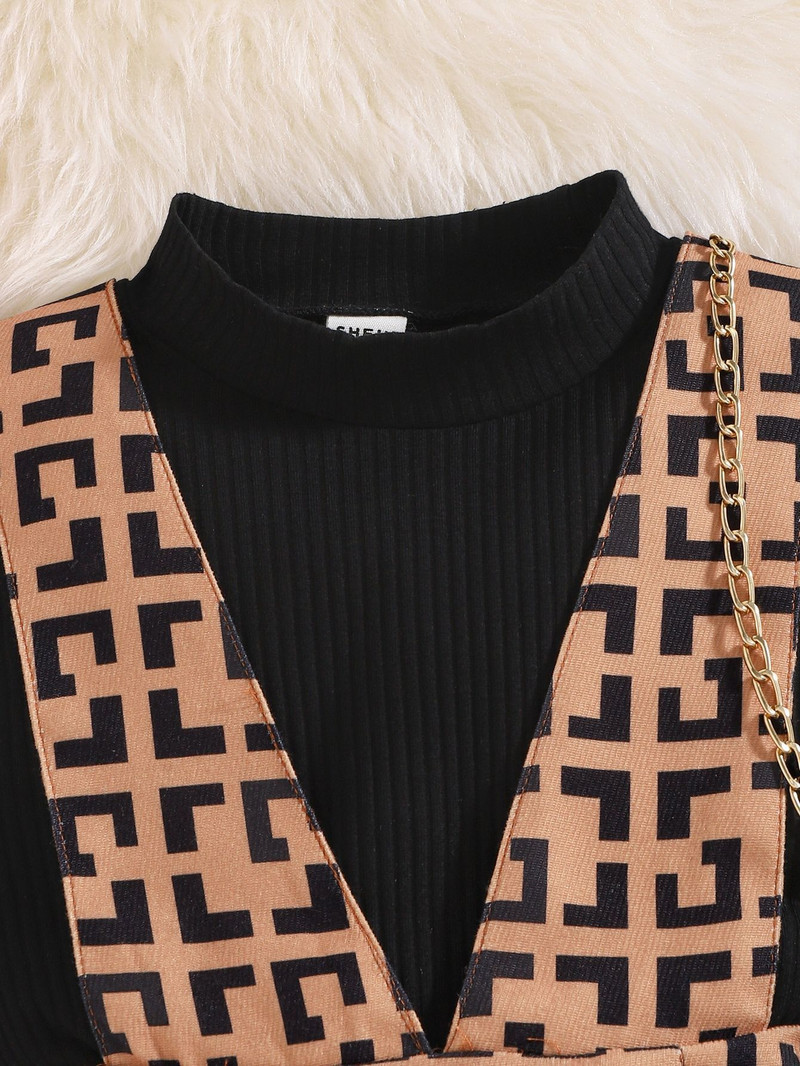 Prowow 3-7Y Vintage Kids Ruhák Lánygarnitúrák Magas nyakú pólók és Gombos függőruha 2db Retró tipegő lány ruhák öltöny