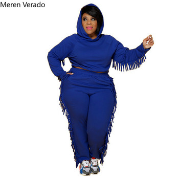 Meren Verado Winter Plus Size Solid Ολόσωμο με κουκούλα και τσέπες Παντελόνι μολύβι Παντελόνι Fshion Tassel Casual σετ δύο τεμαχίων