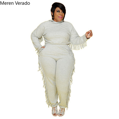 Meren Verado Winter Plus Size Solid Ολόσωμο με κουκούλα και τσέπες Παντελόνι μολύβι Παντελόνι Fshion Tassel Casual σετ δύο τεμαχίων