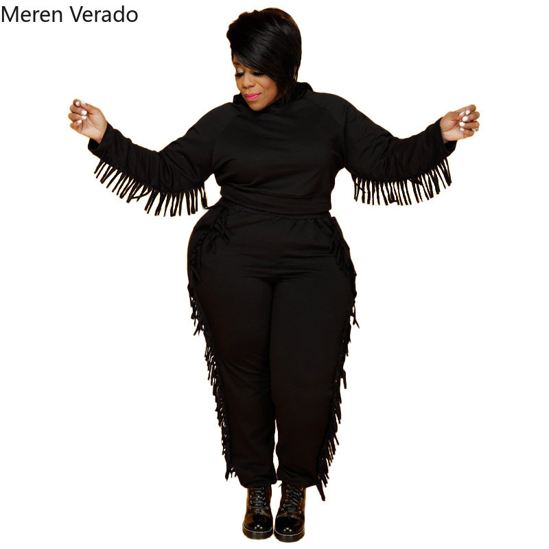 Meren Verado Winter Plus Size Solid Ολόσωμο με κουκούλα και τσέπες Παντελόνι μολύβι Παντελόνι Fshion Tassel Casual σετ δύο τεμαχίων