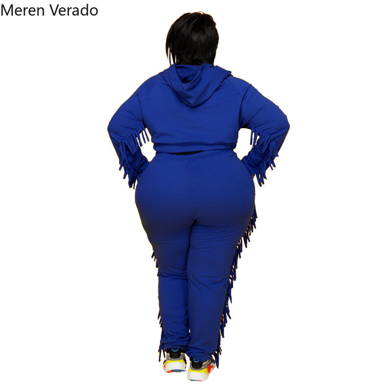 Meren Verado Winter Plus Size Solid Ολόσωμο με κουκούλα και τσέπες Παντελόνι μολύβι Παντελόνι Fshion Tassel Casual σετ δύο τεμαχίων