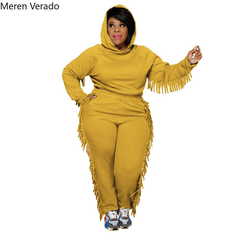 Meren Verado Winter Plus Size Solid Ολόσωμο με κουκούλα και τσέπες Παντελόνι μολύβι Παντελόνι Fshion Tassel Casual σετ δύο τεμαχίων
