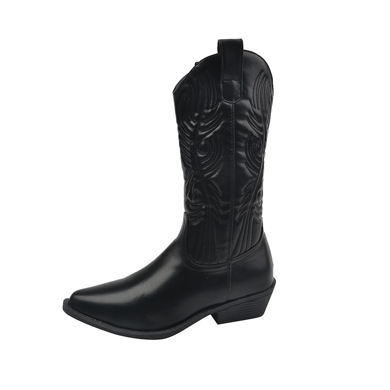 Μαύρες γυναικείες μπότες ιππασίας με χοντρό τακούνι 2023, χειμερινά γυναικεία παπούτσια Γυναικείες μπότες με πιόνι γυναικεία μύτη Γυναικείες μπότες καουμπόη