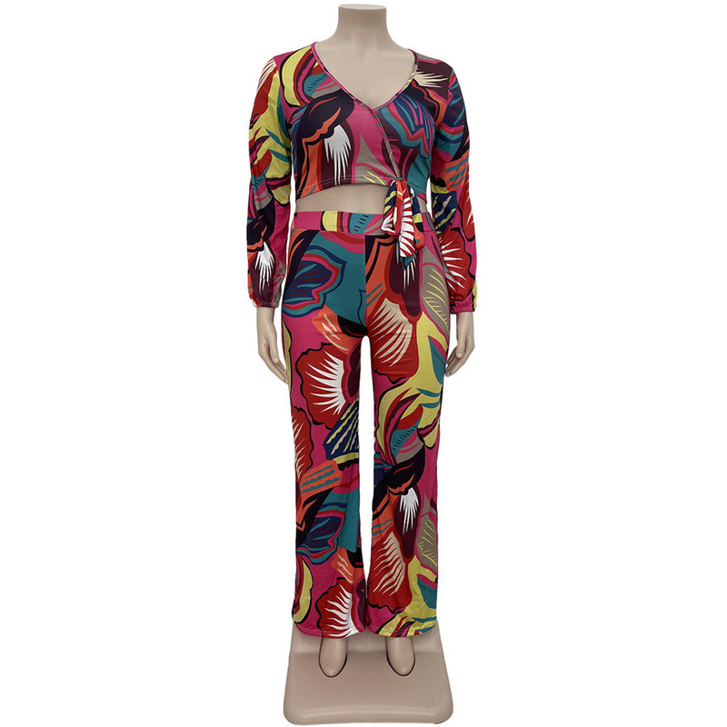 Εκτύπωση Plus Size Γυναικεία Ρούχα Σετ Παντελόνια Χονδρική Σετ δύο τεμαχίων V με λαιμόκοψη μακρυμάνικο επάνω ελαστικό παντελόνι με φουσκωτή μέση Dropshipping