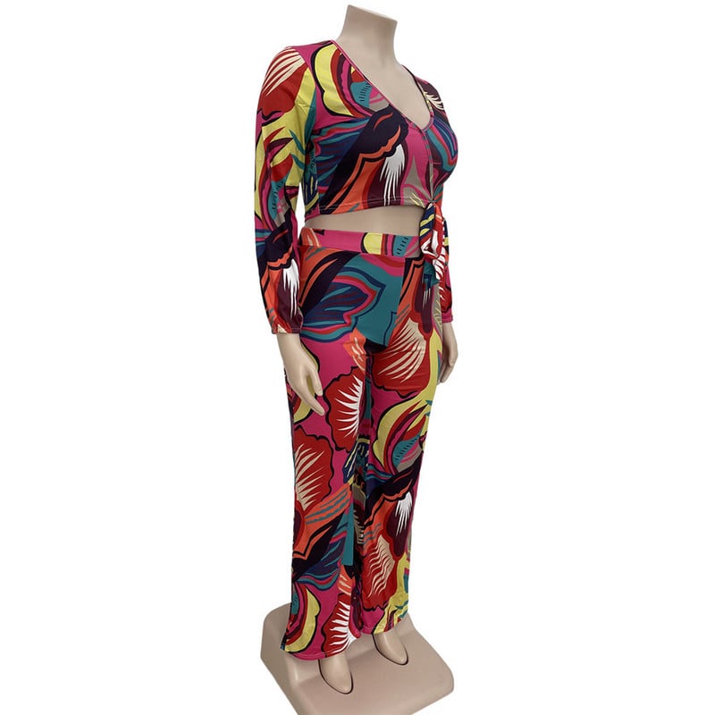 Εκτύπωση Plus Size Γυναικεία Ρούχα Σετ Παντελόνια Χονδρική Σετ δύο τεμαχίων V με λαιμόκοψη μακρυμάνικο επάνω ελαστικό παντελόνι με φουσκωτή μέση Dropshipping