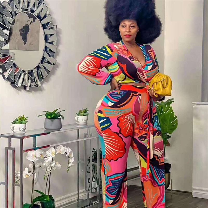 Εκτύπωση Plus Size Γυναικεία Ρούχα Σετ Παντελόνια Χονδρική Σετ δύο τεμαχίων V με λαιμόκοψη μακρυμάνικο επάνω ελαστικό παντελόνι με φουσκωτή μέση Dropshipping