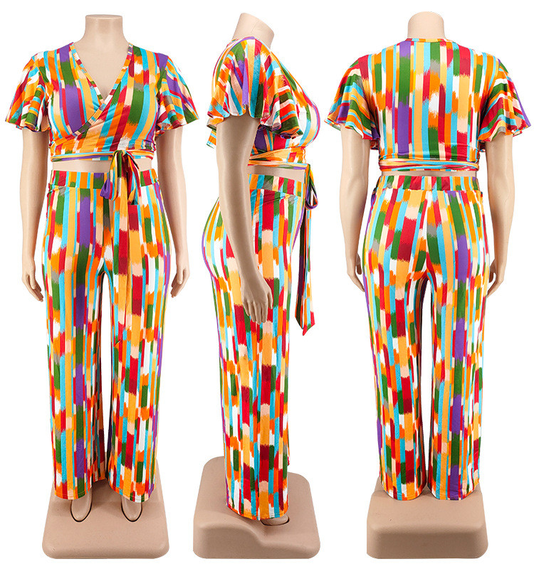 5XL εμπριμέ Crop Top Sexy Outfit Βολάν Γυναικεία Ρούχα Μακριά Παντελόνια Μόδα σετ δύο τεμαχίων χονδρική πώληση Dropshipping