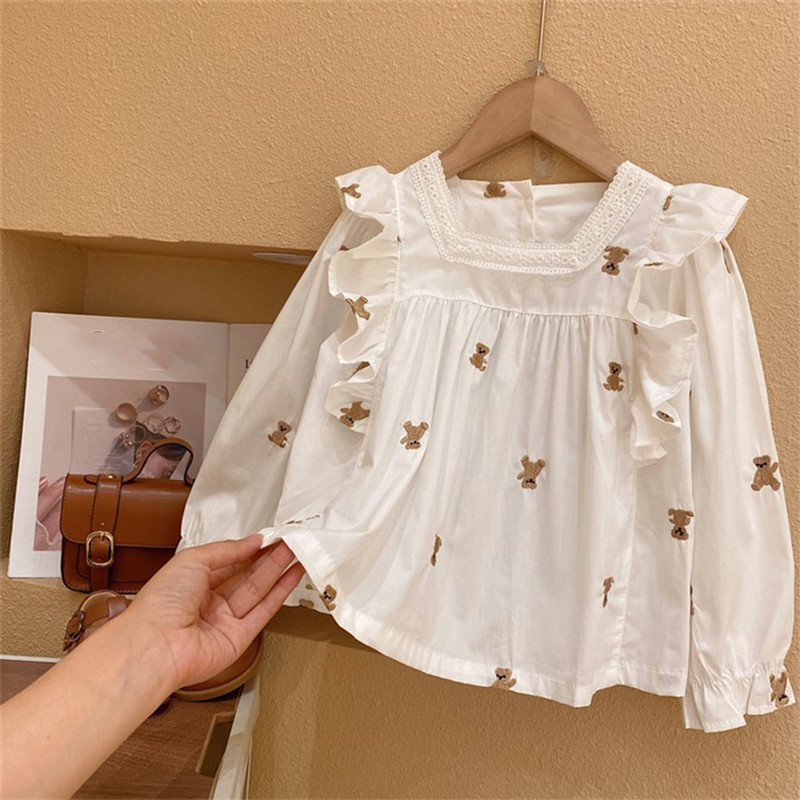 Set fete Bear Leader 2023 Nou pentru fete ocazional gât pătrat ursuleț imprimeu cămașă cu mânecă lungă + pantaloni denim Set copii