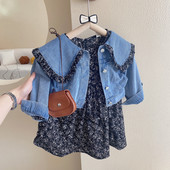 Seturi de îmbrăcăminte pentru fete, primăvară, toamnă 2022, fete noi, drăguț, top din blugi cu rever + rochie florală, set din două piese, haine pentru fete pentru copii