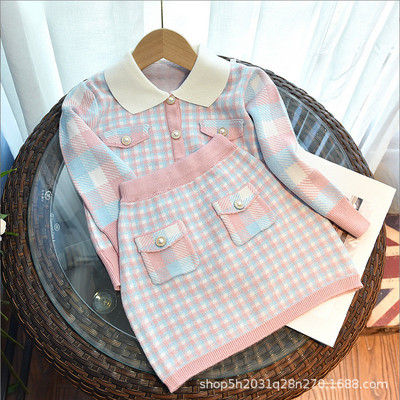 2023. aasta sügisene tüdrukute moekomplekt, kootud kampsun, beebikardigan, pleed, kaheosaline komplekt Väikeste tüdrukute väikelaste kolledži stiilis rõivad