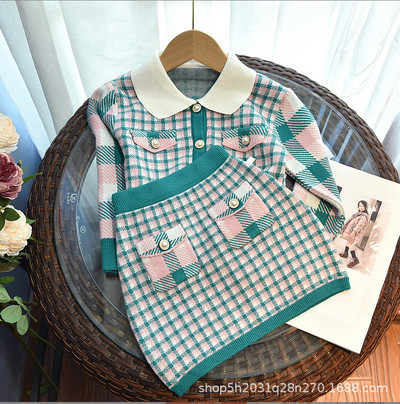 2023. aasta sügisene tüdrukute moekomplekt, kootud kampsun, beebikardigan, pleed, kaheosaline komplekt Väikeste tüdrukute väikelaste kolledži stiilis rõivad