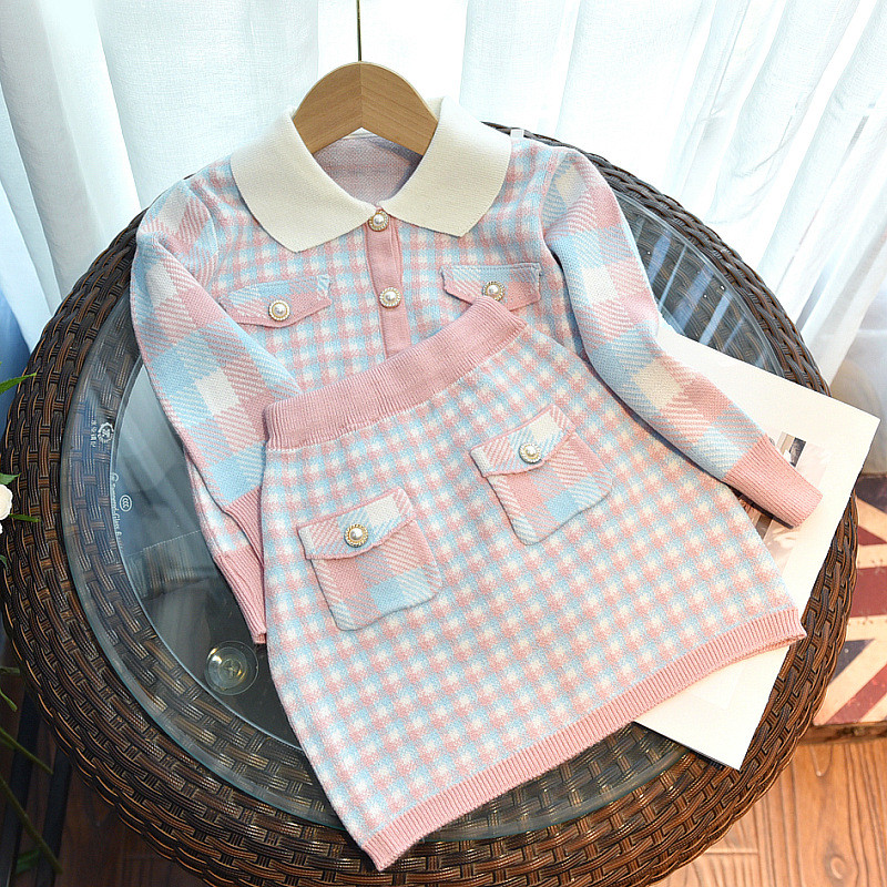 2023. aasta sügisene tüdrukute moekomplekt, kootud kampsun, beebikardigan, pleed, kaheosaline komplekt Väikeste tüdrukute väikelaste kolledži stiilis rõivad