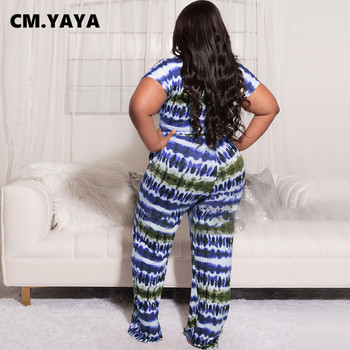 CM.YAYA Плюс размер Tie Dye Дамски анцуг Тениска с вързан подгъв и прави широки панталони в комплект от два комплекта от 2 части Анцуг