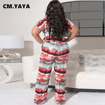 CM.YAYA Tie Dye Плюс размер Дамски комплект от 2 части Лятна тениска 2022 г. и прав свободен панталон Подходящ комплект Анцуг
