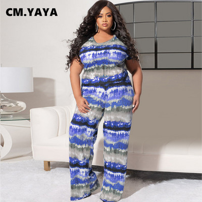 CM.YAYA Tie Dye Плюс размер Дамски комплект от 2 части Лятна тениска 2022 г. и прав свободен панталон Подходящ комплект Анцуг