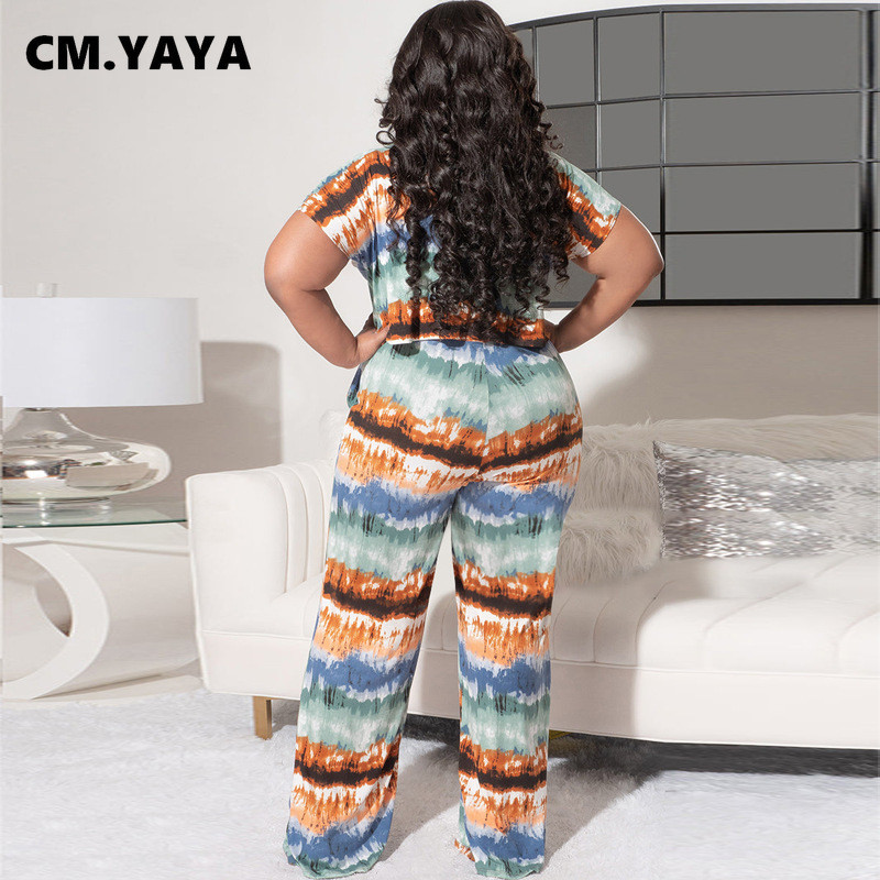 CM.YAYA Tie Dye Plus Size Femei Două 2 Piese Set Ținute 2022 Tricou de vară și pantaloni drepti largi Set asortat Trening