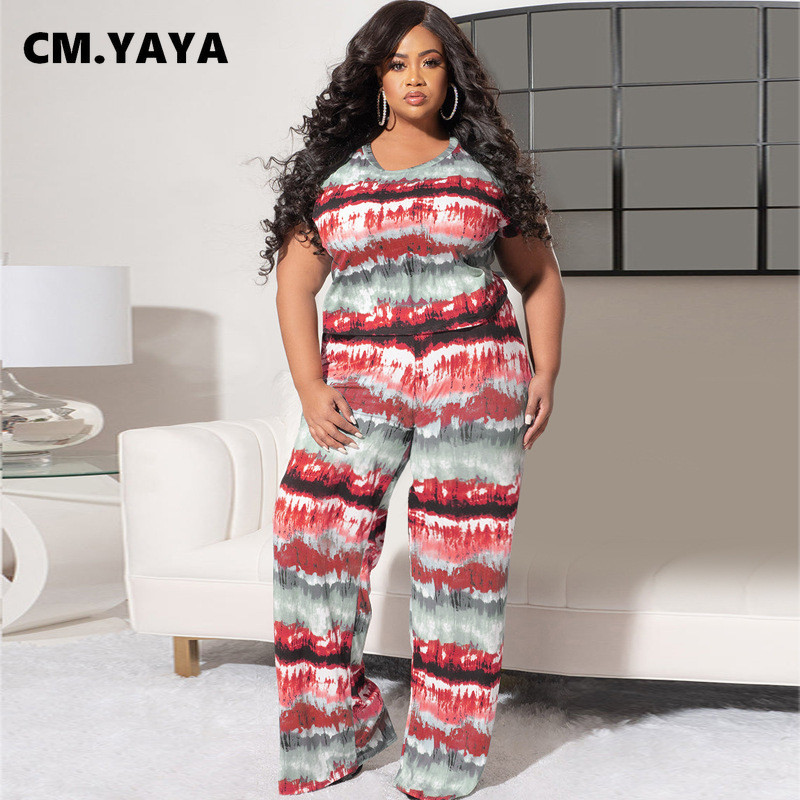 CM.YAYA Tie Dye Plus Size Femei Două 2 Piese Set Ținute 2022 Tricou de vară și pantaloni drepti largi Set asortat Trening