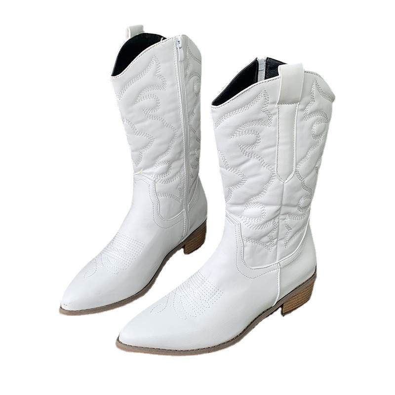 Cizme argintii la jumătatea gambei pentru femei cu fermoar lateral Cizme de cowboy occidentale sexy ascuțite Cizme albe de modă retro Cizme albe marimea 35-43 Cizme pentru femei