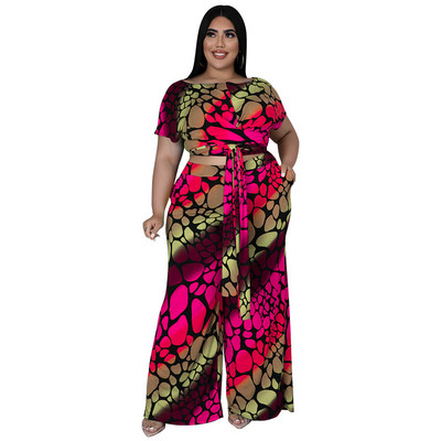 QFAF Plus Size Πολύχρωμο Leopard Loose Παντελόνι Γυναικείο Σετ Μπλουζάκι με γραβάτα και ίσιο παντελόνι με φαρδύ πόδι σετ δύο 2 τεμαχίων