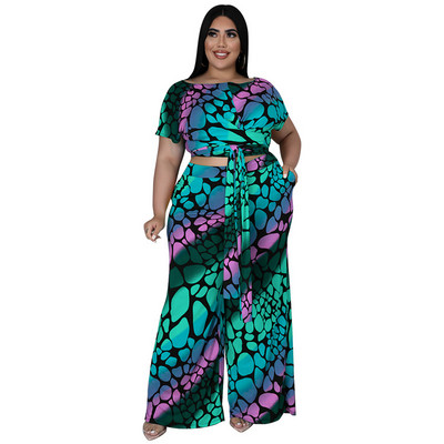 QFAF Plus Size Πολύχρωμο Leopard Loose Παντελόνι Γυναικείο Σετ Μπλουζάκι με γραβάτα και ίσιο παντελόνι με φαρδύ πόδι σετ δύο 2 τεμαχίων