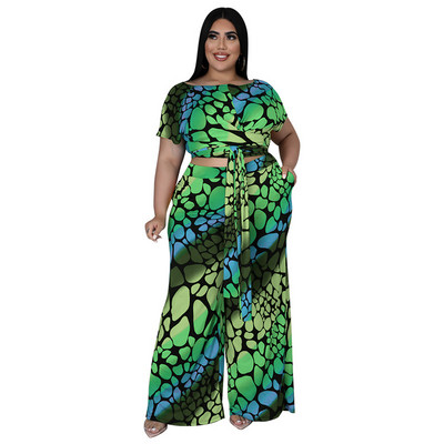 QFAF Plus Size Πολύχρωμο Leopard Loose Παντελόνι Γυναικείο Σετ Μπλουζάκι με γραβάτα και ίσιο παντελόνι με φαρδύ πόδι σετ δύο 2 τεμαχίων