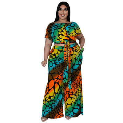 QFAF Plus Size Πολύχρωμο Leopard Loose Παντελόνι Γυναικείο Σετ Μπλουζάκι με γραβάτα και ίσιο παντελόνι με φαρδύ πόδι σετ δύο 2 τεμαχίων