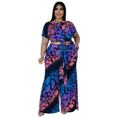 QFAF Plus Size Πολύχρωμο Leopard Loose Παντελόνι Γυναικείο Σετ Μπλουζάκι με γραβάτα και ίσιο παντελόνι με φαρδύ πόδι σετ δύο 2 τεμαχίων
