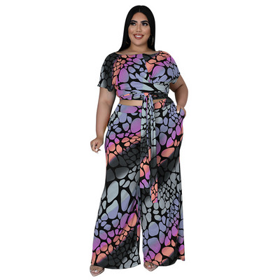 QFAF Plus Size Πολύχρωμο Leopard Loose Παντελόνι Γυναικείο Σετ Μπλουζάκι με γραβάτα και ίσιο παντελόνι με φαρδύ πόδι σετ δύο 2 τεμαχίων