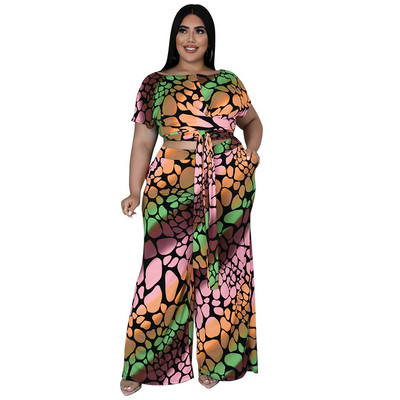 QFAF Plus Size Πολύχρωμο Leopard Loose Παντελόνι Γυναικείο Σετ Μπλουζάκι με γραβάτα και ίσιο παντελόνι με φαρδύ πόδι σετ δύο 2 τεμαχίων