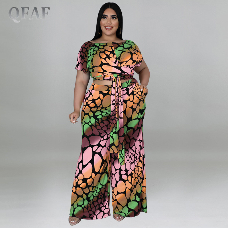 QFAF Plus Size Πολύχρωμο Leopard Loose Παντελόνι Γυναικείο Σετ Μπλουζάκι με γραβάτα και ίσιο παντελόνι με φαρδύ πόδι σετ δύο 2 τεμαχίων