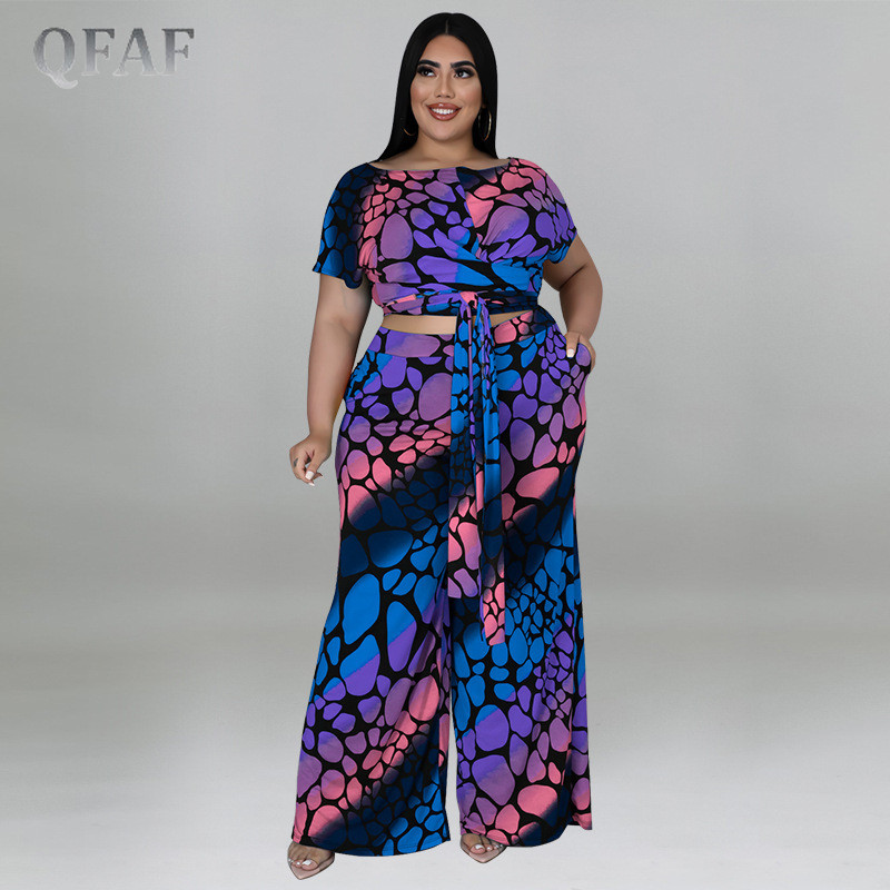 QFAF Plus Size Πολύχρωμο Leopard Loose Παντελόνι Γυναικείο Σετ Μπλουζάκι με γραβάτα και ίσιο παντελόνι με φαρδύ πόδι σετ δύο 2 τεμαχίων
