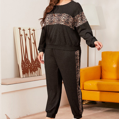 Seturi ocazionale pentru femei de mărime Plus nouă, toamnă iarnă, tricou cu mâneci lungi, pantaloni, imprimeu leopard, cu cusături de culoare, îmbrăcăminte sport