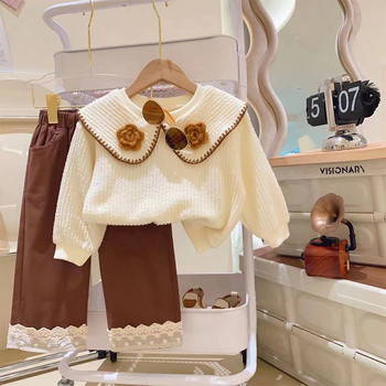 Детски дрехи Комплект от две части Корея 2023 Памучна горна част с широки панталони с отложна яка Бутикови тоалети Костюм за момиче Моден