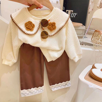 Παιδικά Ρούχα Σετ δύο τεμαχίων Κορέα 2023 Βαμβακερό γυριστό γιακά επάνω φαρδύ παντελόνι μπουτίκ Κοστούμι για κορίτσι μοντέρνο