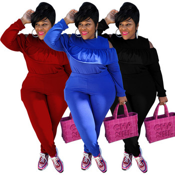 Плюс размер Дамско облекло Едноцветни спортни модни ежедневни комплекти от две части Издълбани горнища с джобни панталони Костюми на едро Drop Shinpping