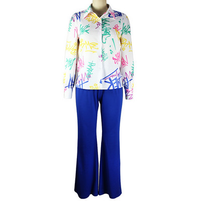 Moodne lahtikäiva kraega trükiga pikkade varrukatega särk vabaaja elastne vöökoht Sinine laia säärega püksid, kaheosaline komplekt Naiste suures suuruses komplektid