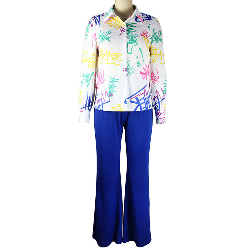 Moodne lahtikäiva kraega trükiga pikkade varrukatega särk vabaaja elastne vöökoht Sinine laia säärega püksid, kaheosaline komplekt Naiste suures suuruses komplektid