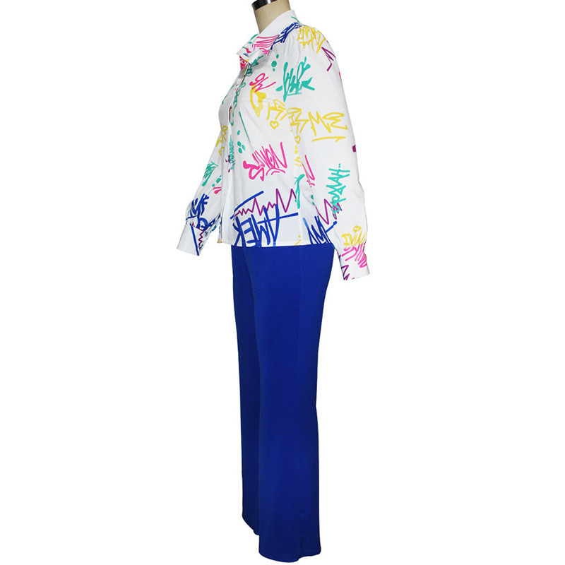 Moodne lahtikäiva kraega trükiga pikkade varrukatega särk vabaaja elastne vöökoht Sinine laia säärega püksid, kaheosaline komplekt Naiste suures suuruses komplektid