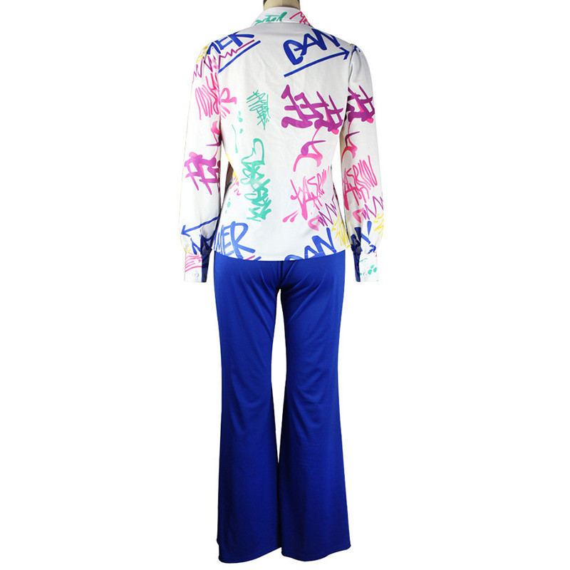 Moodne lahtikäiva kraega trükiga pikkade varrukatega särk vabaaja elastne vöökoht Sinine laia säärega püksid, kaheosaline komplekt Naiste suures suuruses komplektid