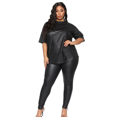 SOMO Plus Size Sexy Faux Leather PU Set Femei Topuri cu mâneci scurte + Pantaloni Costum Set Două Piese Ținute En-gros Dropshipping