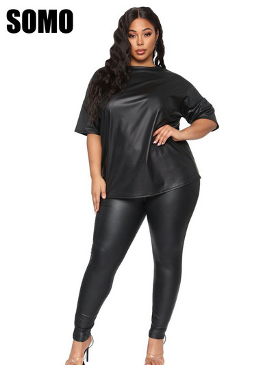 SOMO Plus Size szexi műbőr PU női szett rövid ujjú felsők + nadrágkosztüm, kétrészes szett ruhák nagykereskedés dropshipping