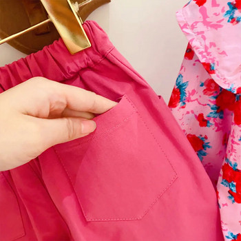 Корейско детско облекло 2023 г. Пролет и есен Горна долна част Розови сладки цветя Ежедневен комплект от две части Бутикови тоалети за момичета