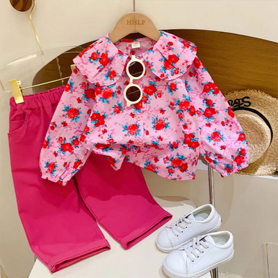 Κορεατικά παιδικά ρούχα 2023 Άνοιξη και φθινόπωρο επάνω κάτω ροζ χαριτωμένο λουλούδι Casual σετ δύο τεμαχίων για κορίτσια μπουτίκ