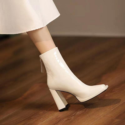 Pmwrun Γυναικεία φθινόπωρο και χειμώνας 2022, τετράγωνα δάχτυλα με χοντρό τακούνι Νέο λουστρίνι με γυαλιστερό φερμουάρ στην πλάτη Μόδα ψηλοτάκουνα μποτάκια