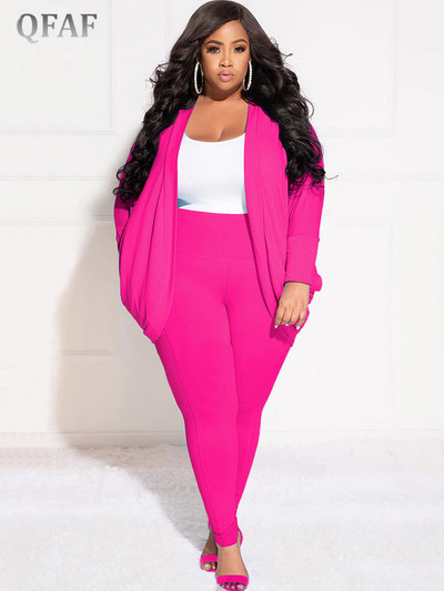 QFAF Elegant Plus Size Moteriškas atviro dygsnio rinkinys, ruched kardiganas ir kelnės sportinis kostiumas INS Two 2 dalių komplektas, 2022 m.