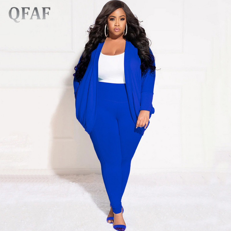 Γυναικείο σετ QFAF Elegant Plus Size Ανοιχτή βελονιά Ζακέτα και παντελόνι αθλητική φόρμα INS Two 2 τεμαχίων 2022