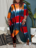 Σετ LW Plus Size Two τεμάχια Round Neck Tie Dye Loose Pants Σετ 2023 Φθινόπωρο χειμώνα ΝΕΑ Γυναικεία αθλητική φόρμα Casual Loose 2 τεμάχια